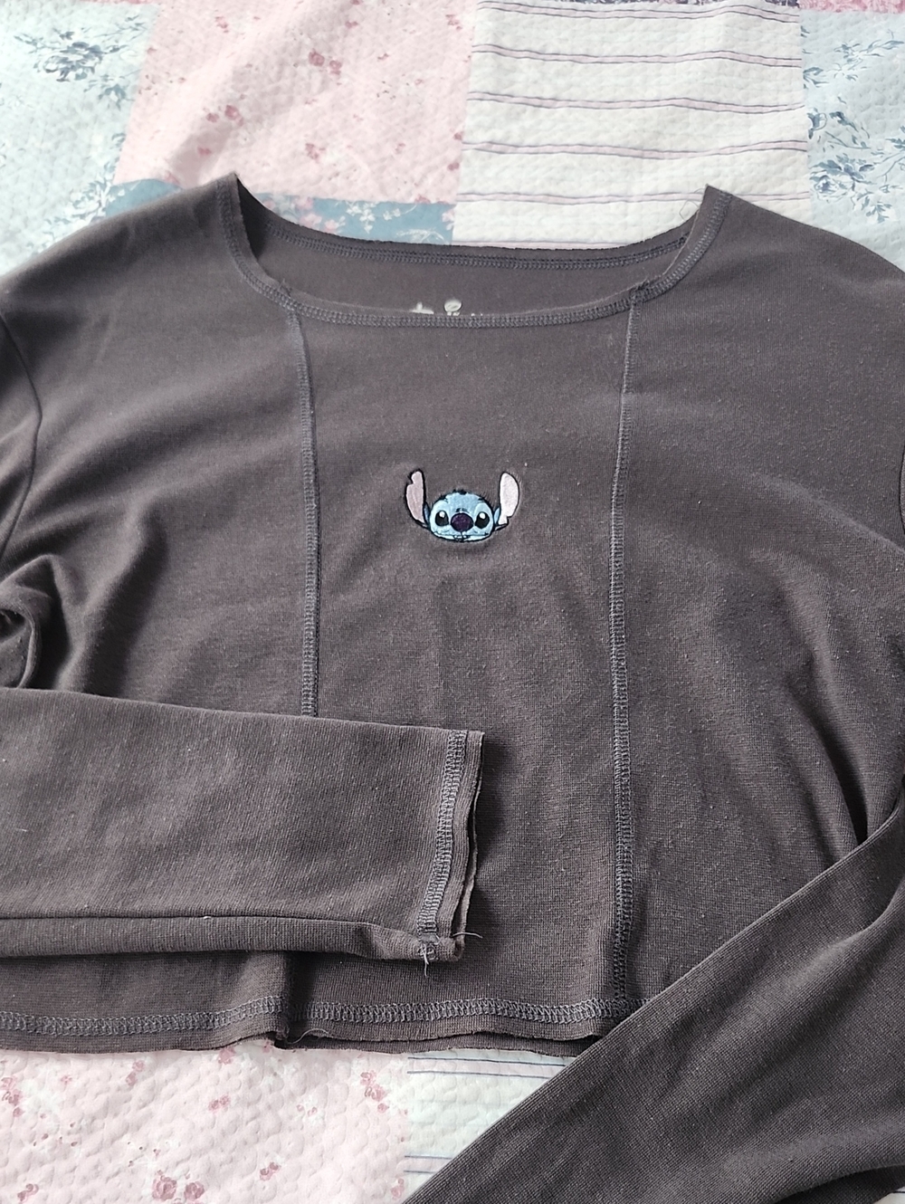 Disney Women's Long-Sleeve Tee with Blue Stitch Embroidered Character - Gray